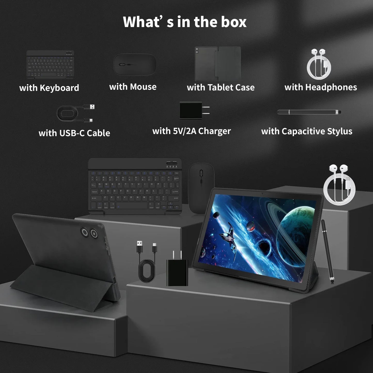 Android 14 10" Tablet A523, 8GB+64GB, 5000mAh, Face Unlock, w/ Keyboard & Mouse