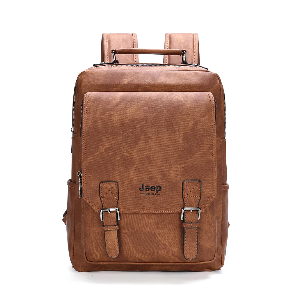 JEEP BULUO Men's Backpack Travel 15" Laptop Bag Waterproof PU Leather School Bag
