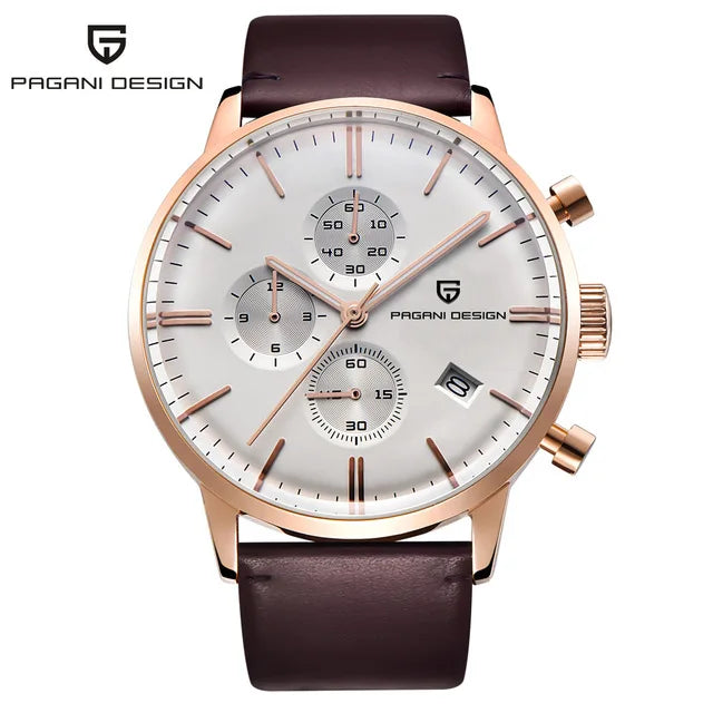 PAGANI Men' Waterproof Watches 30m Luxury Rose Leather Quartz Chronograph Watch
