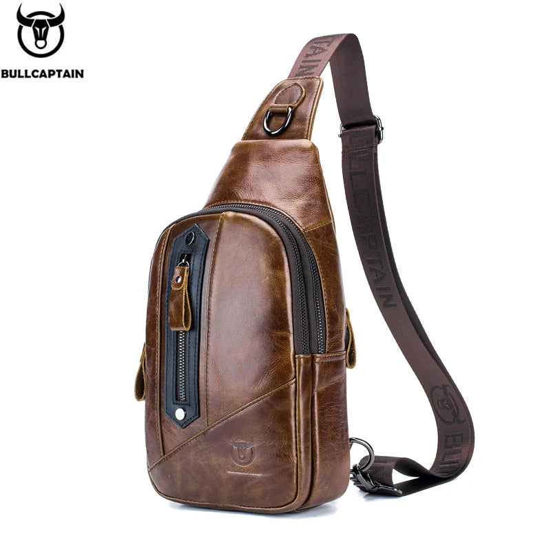 BULLCAPTAIN Leather Fashion Men's Chest Bags Casual Messenger Bag's Multi-Function Mobile Phone Compartment Bages Chest Bag Men