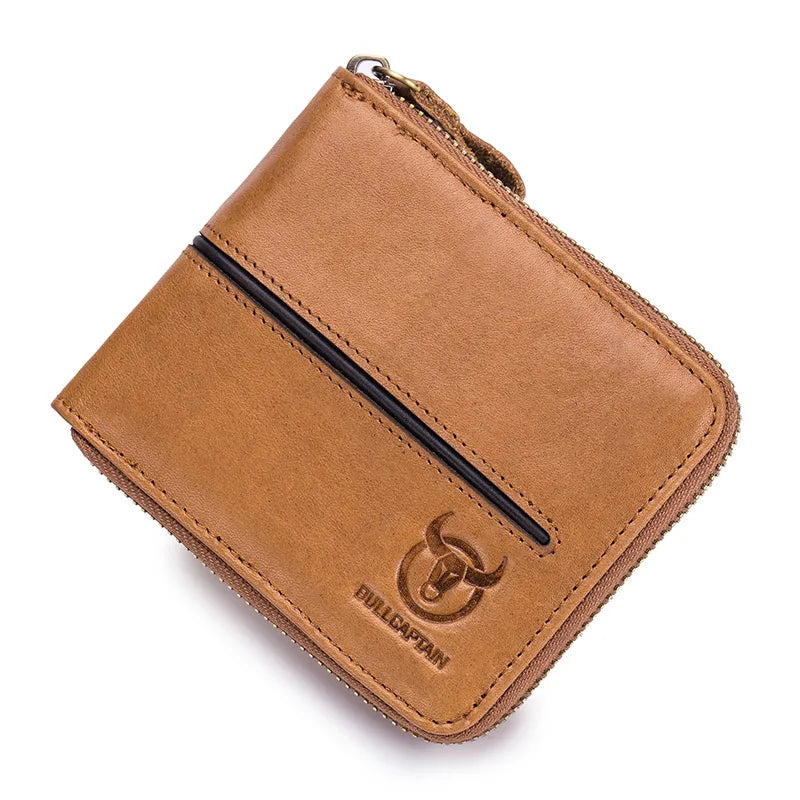 BULLCAPTAIN Genuine Leather Men's Wallet Vintage Zipper with Partition Clip RFID Credit Card Holder Burglar Leather Mini Wallet
