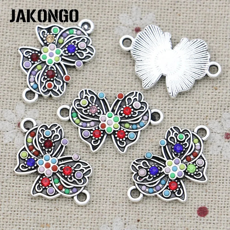 5Pcs Antique Silver Plated Crystal Butterfly Connector for Jewelry Making Bracelet DIY Accessories Handmade Craft 25x15mm