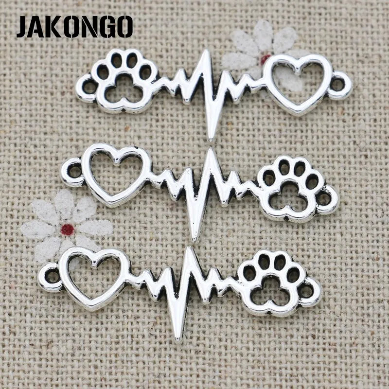 10PCS Antique Silver Plated Dog Footprint Heart Electrocardiogram Connector for Jewelry Making Bracelet DIY 34x12mm