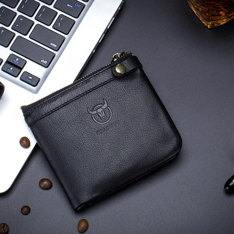BULLCAPTAIN Leather Wallet Men's Zipper Wallet Men's Wallet Purse RFID Mini Wallet And Smart Design Zipper Buckle Wallet