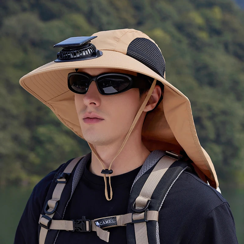 9217Ultra-wide brim sun hat, 1pc solar fan hat, waterproof bucket hat for fishing, hiking and camping