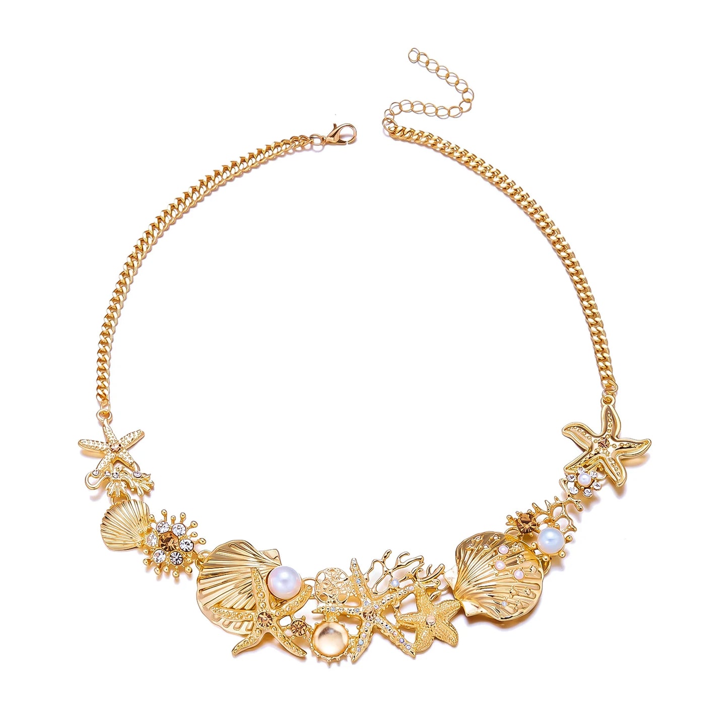 Mermaidcore Statement Gold Ocean Jewelry Set Women Chunky Starfish Shell Coral Pearl Crystal Necklace Bracelet Earrings Resort G