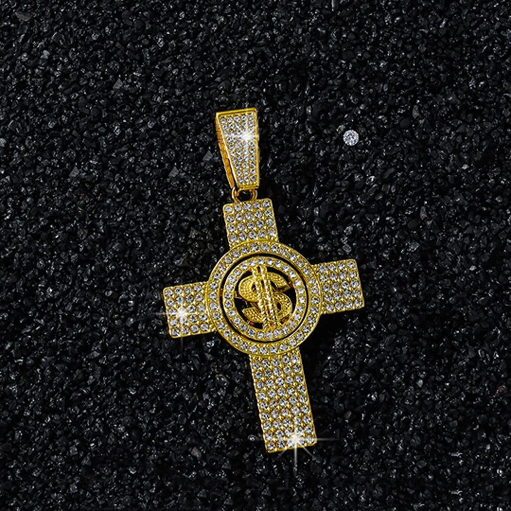 Men Hip Hop Cross Pendant Necklace with 13mm Miami Cuban Chain Rotatable US Dollar Money Sign Pendants Necklaces Fashion Jewelry