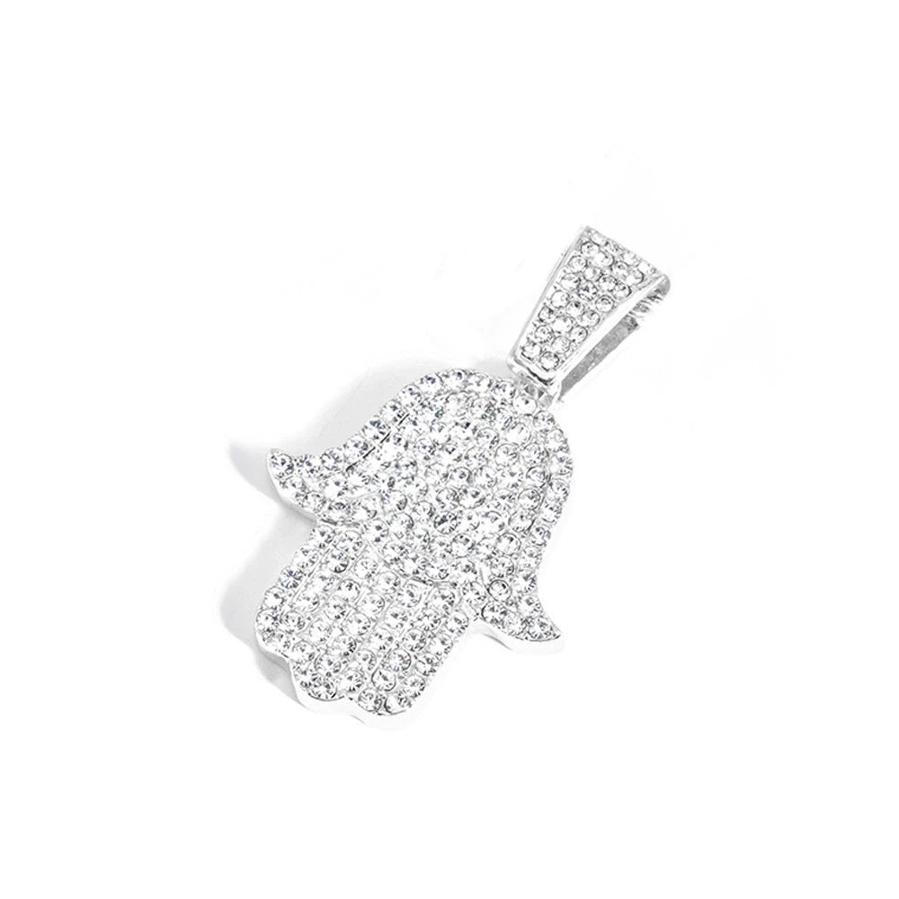 Men's Women Hip Hop Hamsa Hand Pendants Necklaces With 4mm Crystal Tennis Chain Punk Rapper Jewelry Hiphop Style Couple Gifts