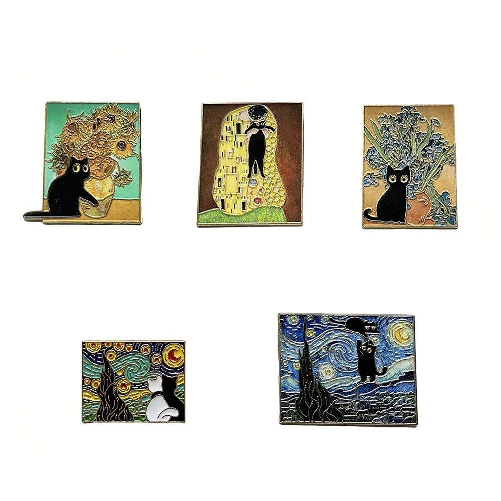 5pcs Famous Painting Black Cat Enamel Pins Set Aesthetic Vintage Sunflower Art Brooches Badge Pins for Backpack fans Collectible