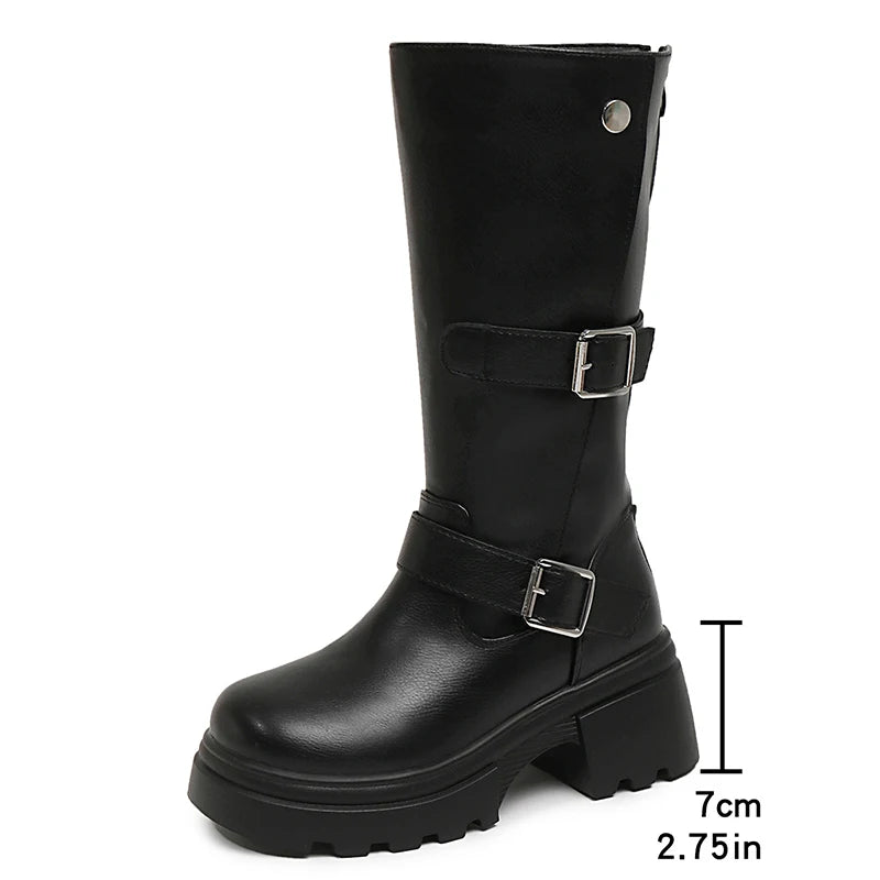 Piunk Belt Buckle Chunky Platform Knee High Boots Women Back Zipper High Heel Long Boots Woman Plus Size 42 Pu Leather Botas