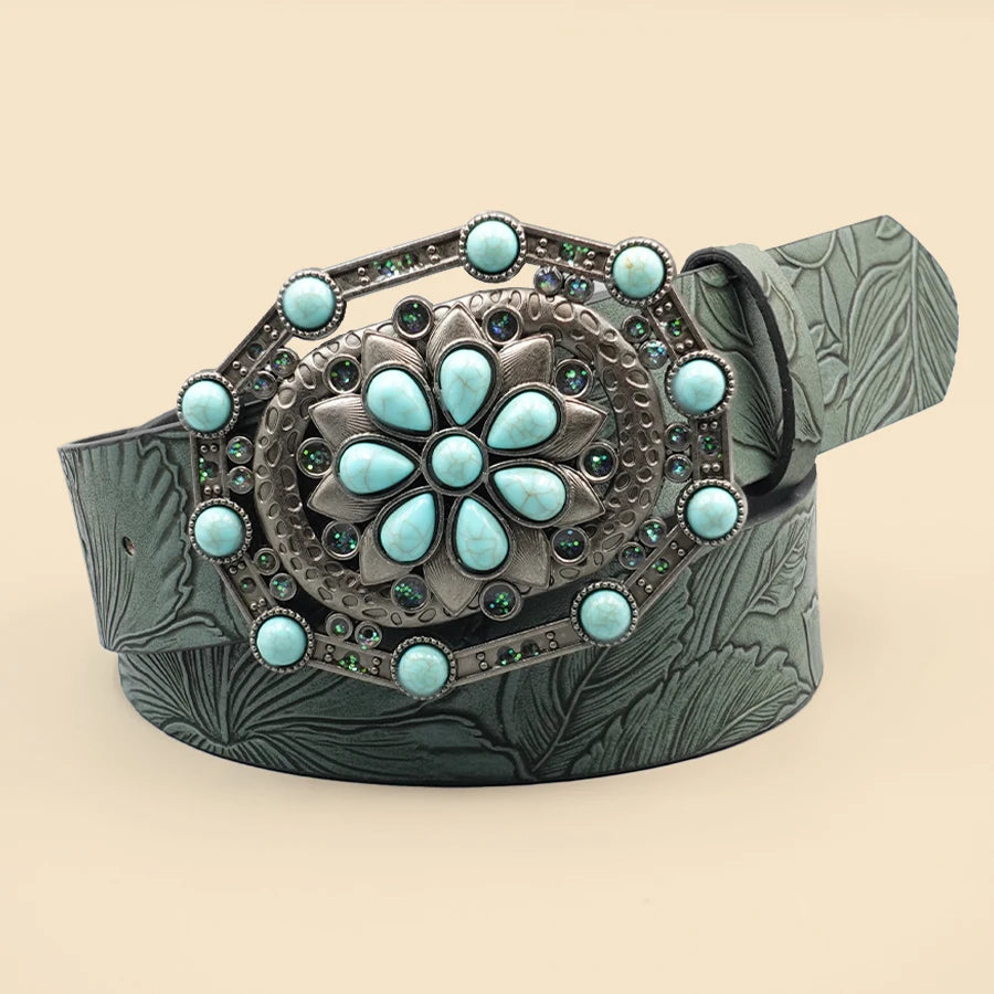 Retro Court Style Imitation Gemstone Inlaid Women's Wide Belt, Western Denim Style, Niche Women's Belt