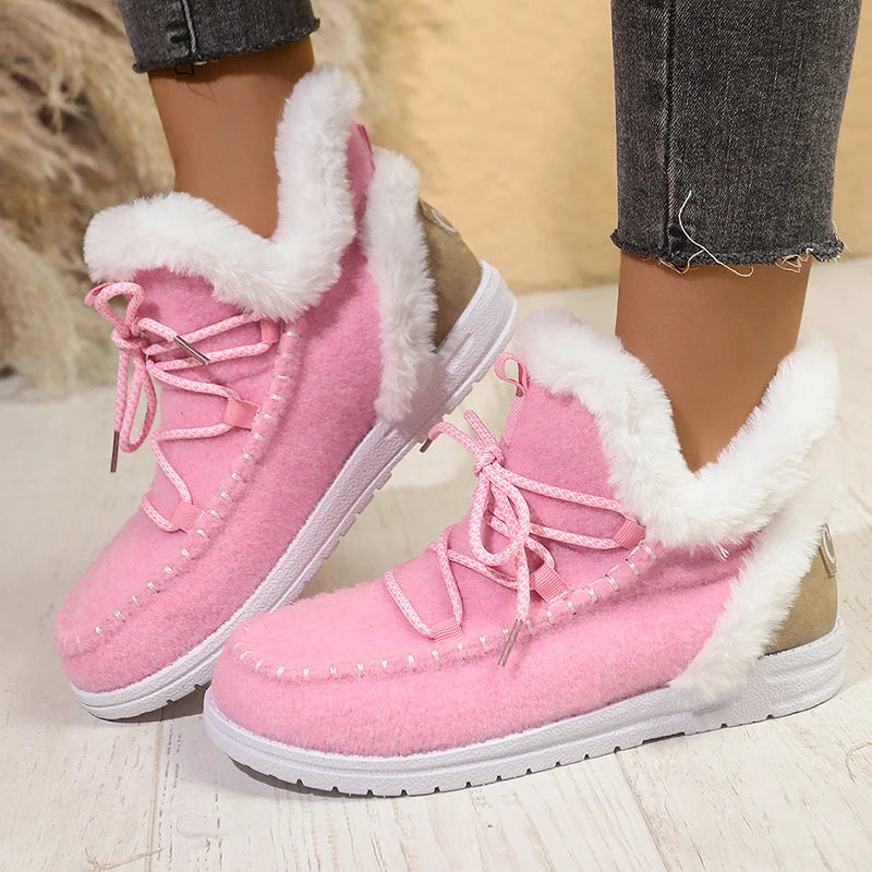 Red Thick Plush Lace Up Snow Boots Women Plus Size 43 Non Slip Sole Cotton Shoes Woman Comfortable Warm Fluffy Winter Boots