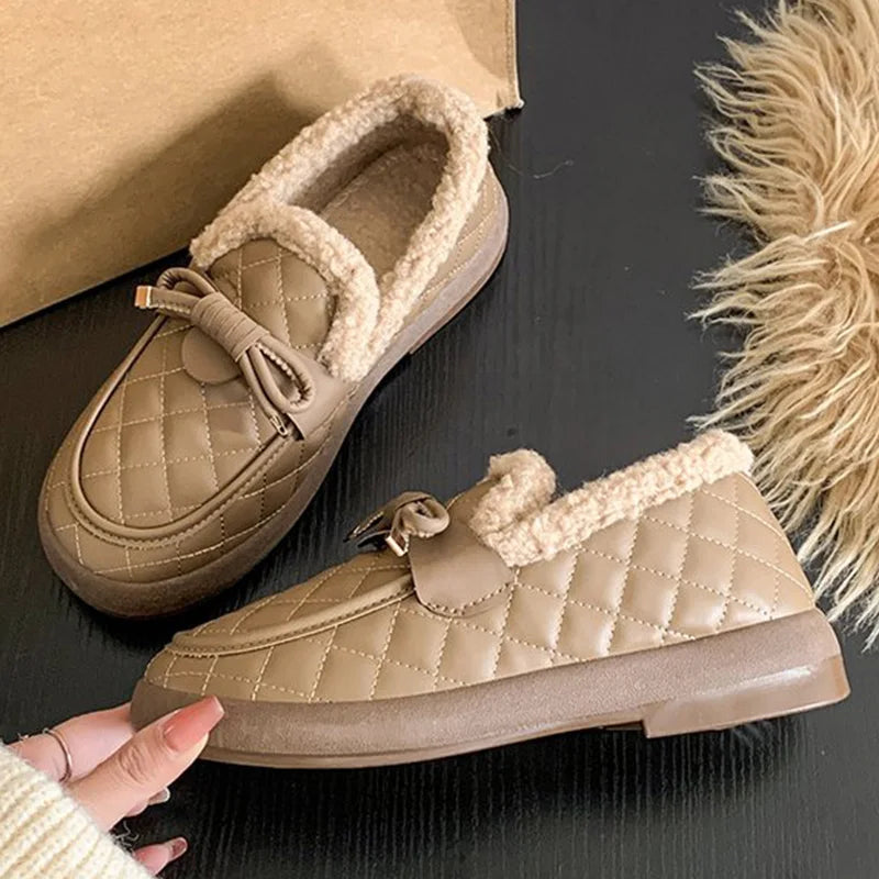 Pu Leather Snow Boots for Women 2025 Winter Korean Bowknot Detor Plush Booties for Woman Non Slip Keep Warm Snow Boots Lady