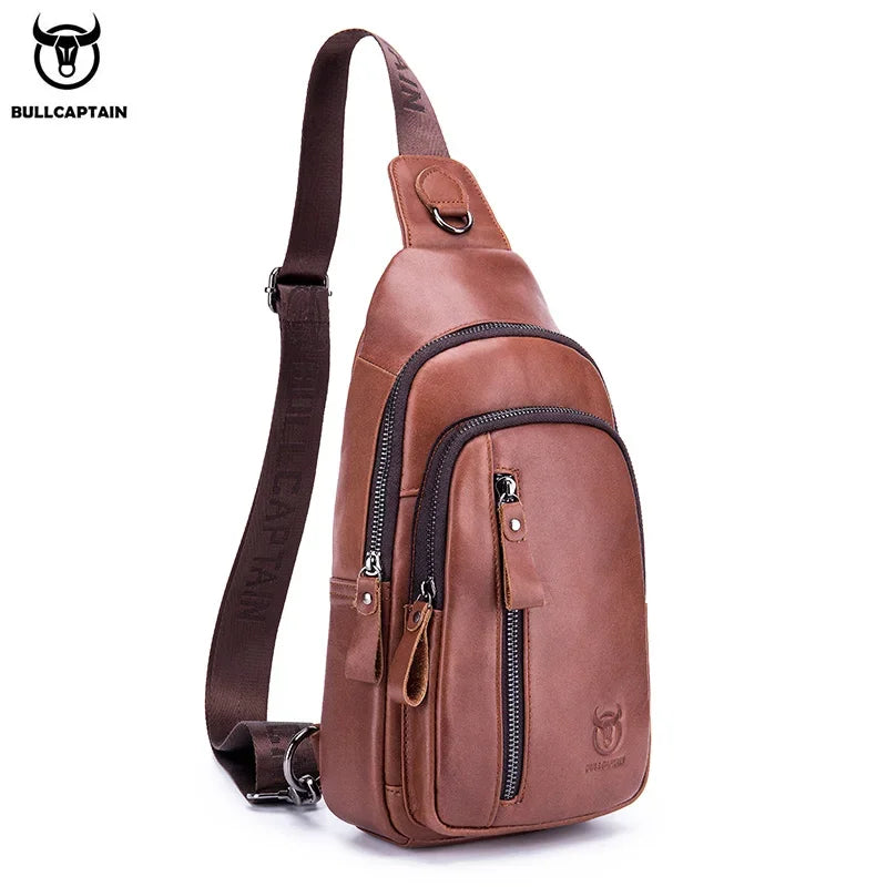 BULLCAPTAIN Men's Genuine Leather Casual Crossbody Bags Leather Chest Bag For Men Fashion Excursion Bag's Can Hold 7.9 Inch IPai