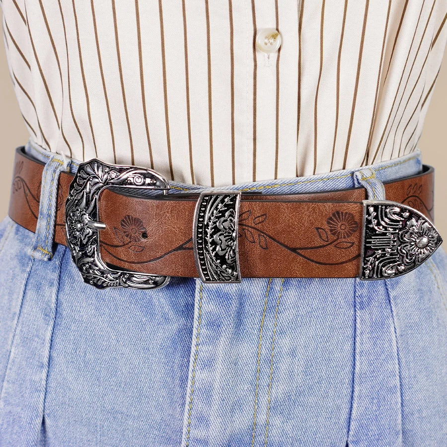 Bohemian Vintage Carved Women's Belt - Floral Print Fashion Waistband for Casual Wear, Dates & Leisure Outfits