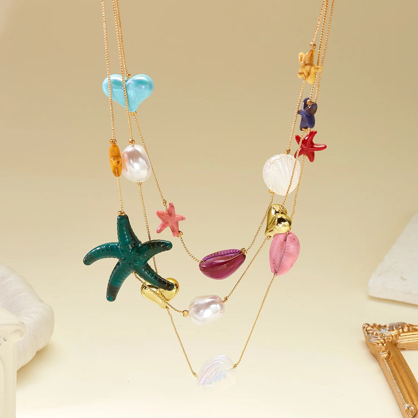 Boho Tropical Beach 3 Layer Necklace for Women Gold Color Colorful Resin Starfish Heart Shell Summer Vacation Jewelry