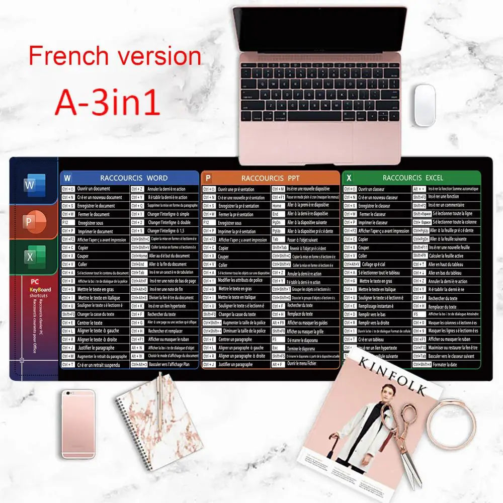 French Version Excel/Word/Windows/PPT Cheat Sheet Mouse pad, Computer Keyboard Pad for Office Workers Students Office Desk Mat