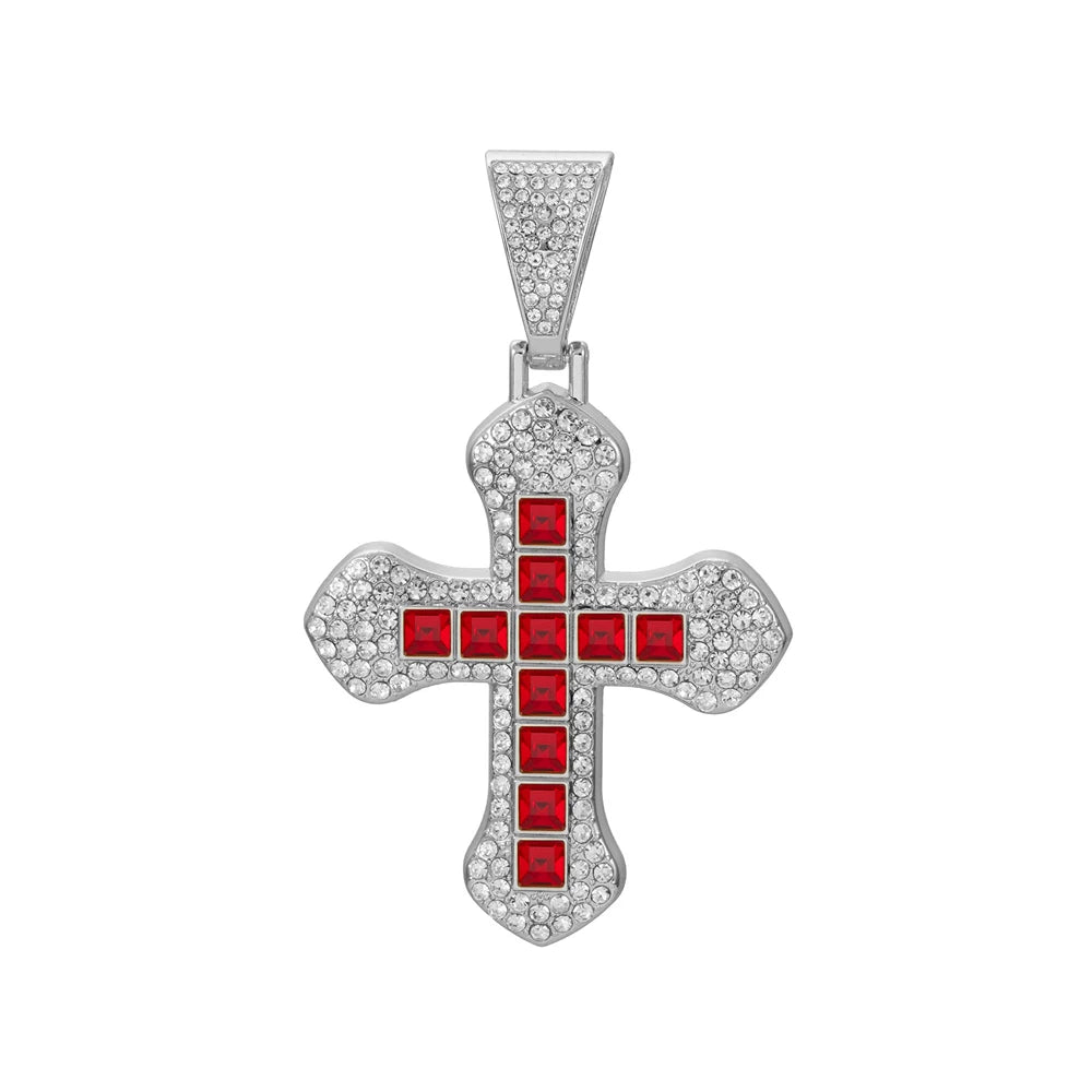 New Iced Out Bling Cross Pendant Necklace Rectangle Rhinestone Red Charm Hip Hop Men Cuban Chain Party Jewelry Accessories Gift