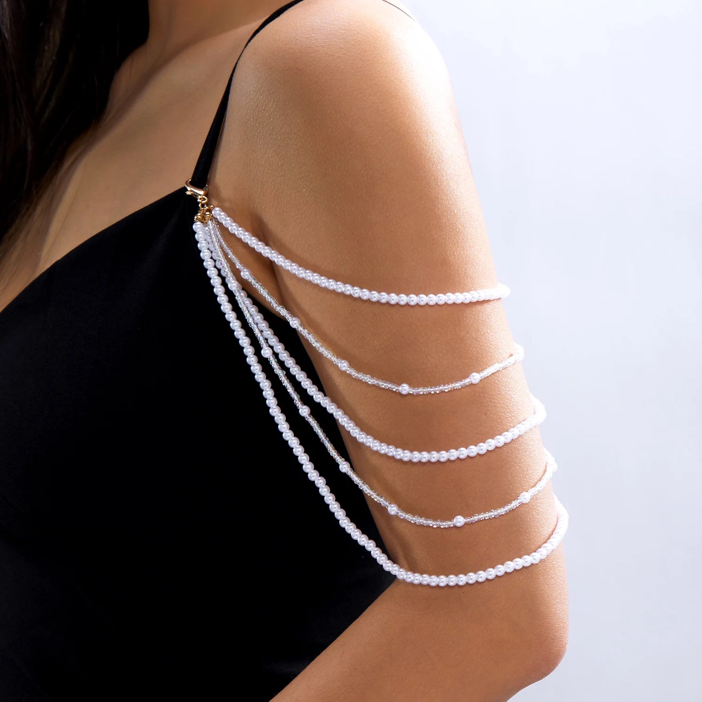 Boho Layered Faux Pearl Body Chain Gold Color Shoulder Necklace Finger Ring Bracelet for Women Summer Beach Vacation Jewelry