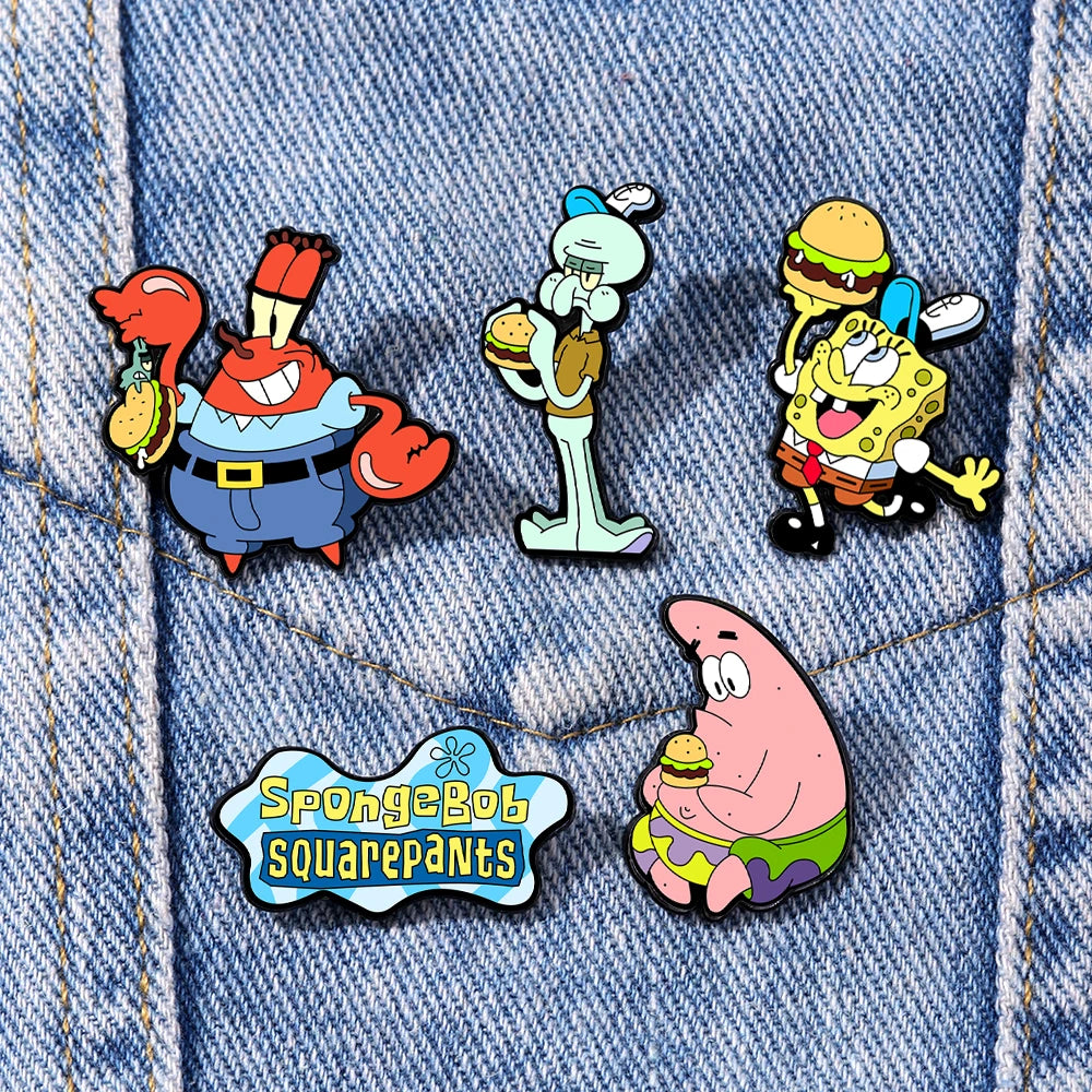 5pcs Sponge star SquarePants Enameled Brooches Metal Badges Cute Jewelry Set for Bag Clothing Backpack Accessorizing Ideal Gift