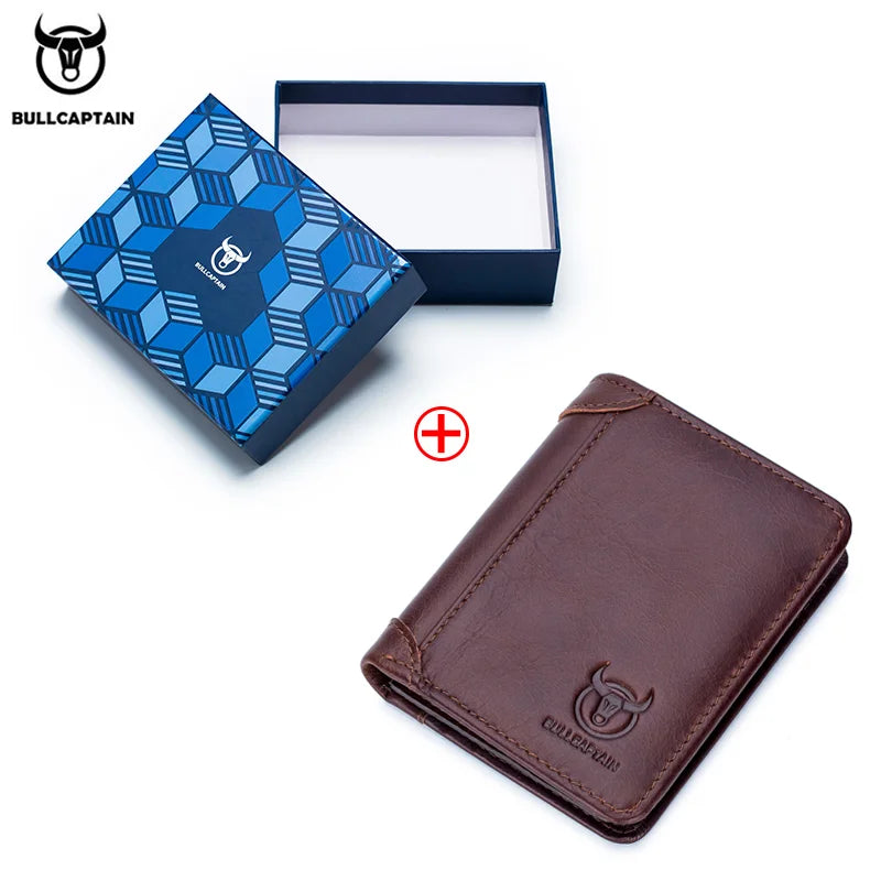 BULLCAPTAIN 2021 New Genuine Leather Man Wallet Small Mini Card Holder Male Purse Pocket RFID Wallet Coin High Quality