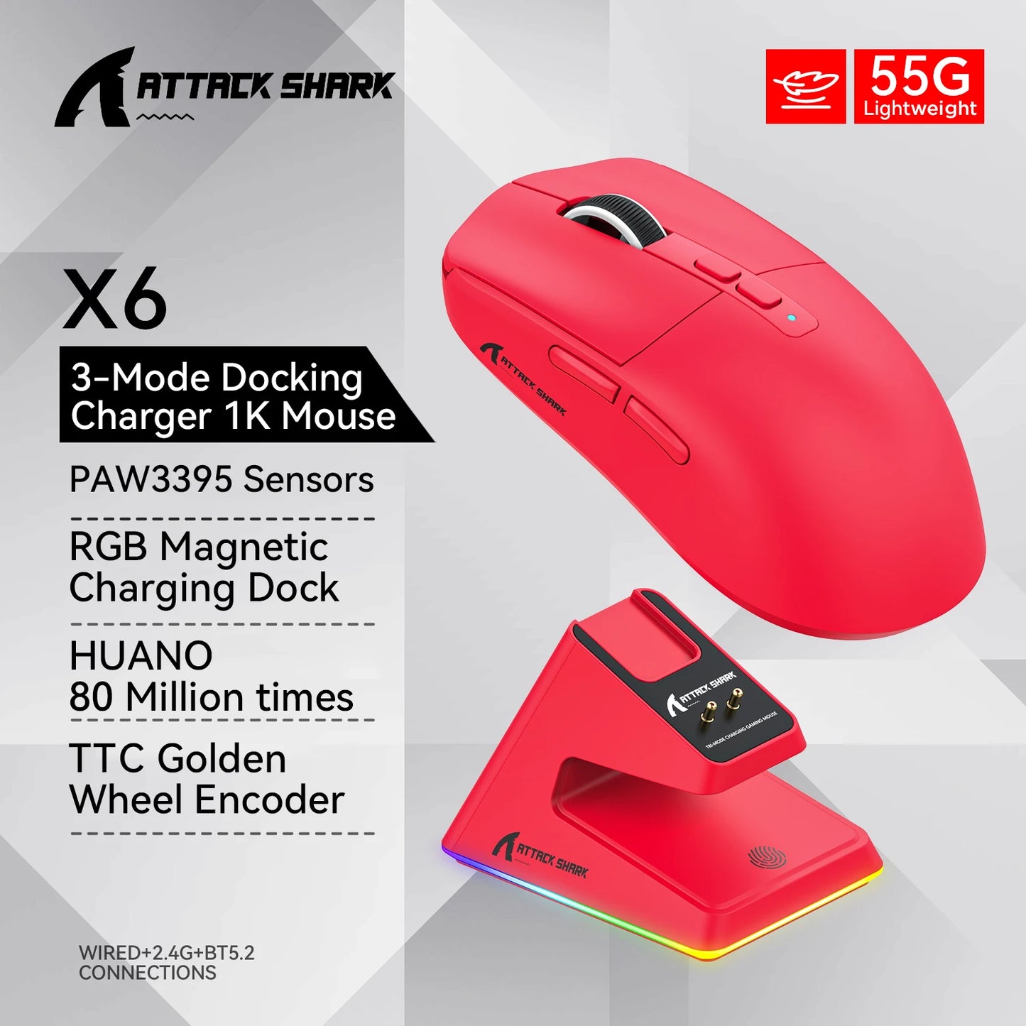 Attack Shark X6 PAW3395 Bluetooth Mouse,2.4 Tri-Mode, RGB Touch Magnetic Charger