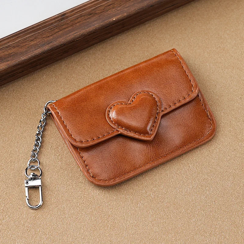 Mini Coin Purse Keychain Wallet Fashion PU Heart Buckle Multi-card Slots Card Holder Pouch Key Storage Bag for Women and Men