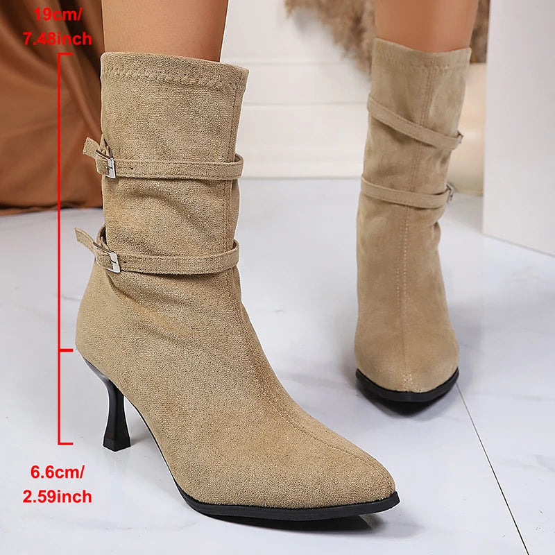Pointed Toe High Heel Ankle Boots Women Fashion Buckle Decor Stiletto Heel Boots Woman Autumn Winter Slip On Short Booties Mujer