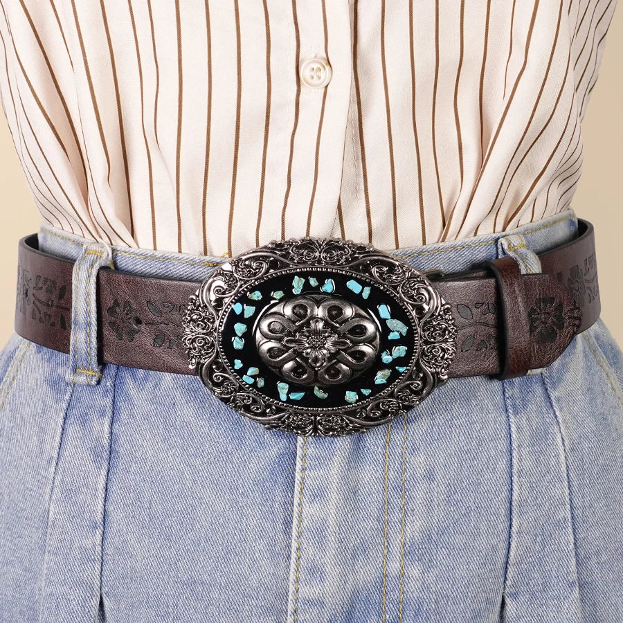 Palace Style Casual Retro Women's Belt Design with Gemstone Inlay Alloy Buckle Belt, Girls' Decorative Accessories Holiday Gifts