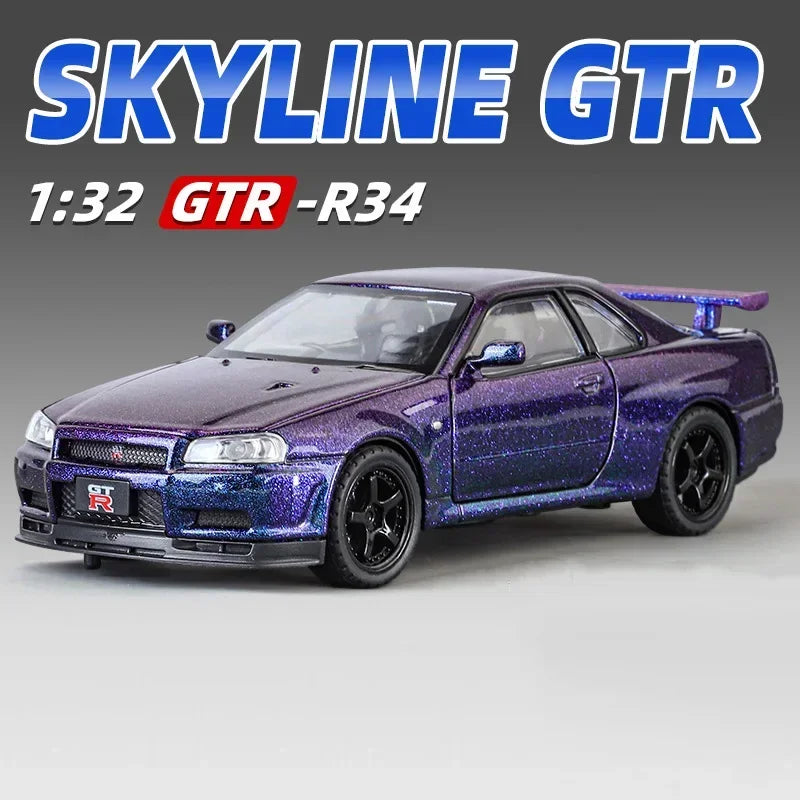 1: 32 GTR Skyline Alloy Diecast Models Toys Cars 4 Doors Opened with Sound Light Pull Back Miniature Sportscar Fashion Ornaments