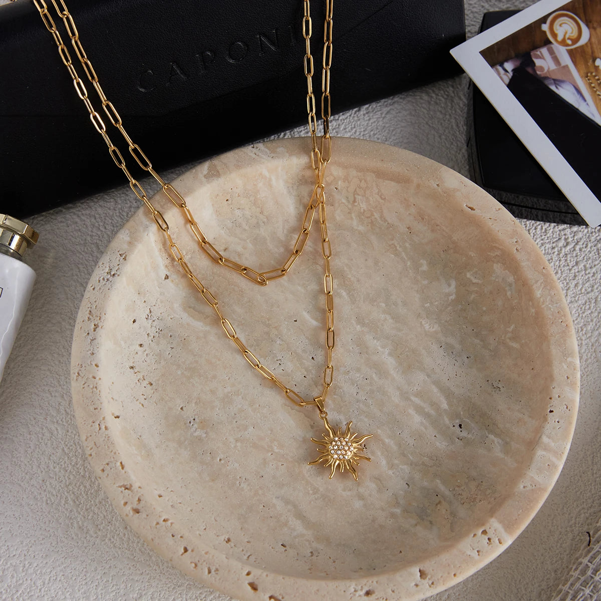 Uworld Unique Designer 18K Gold Color Plated Stainless Steel White Rhinestone Sun Pendant Necklace Stackable Multi Layer Necklac