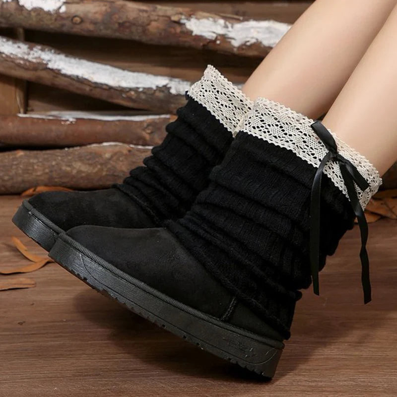 Sweet Lace Bowknot Snow Boots Women Faux Suede Knitted Snow Boots Woman Winter Platform Soft Soles Thick Warm Booties Female