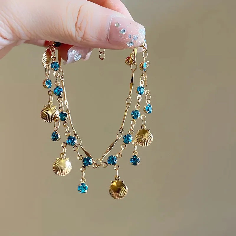 Dainty Gold Plated Scallop Shell Necklace Minimalist Layered Chain Blue Crystal Clavicle Necklace Trendy 2026 Summer Jewelry: