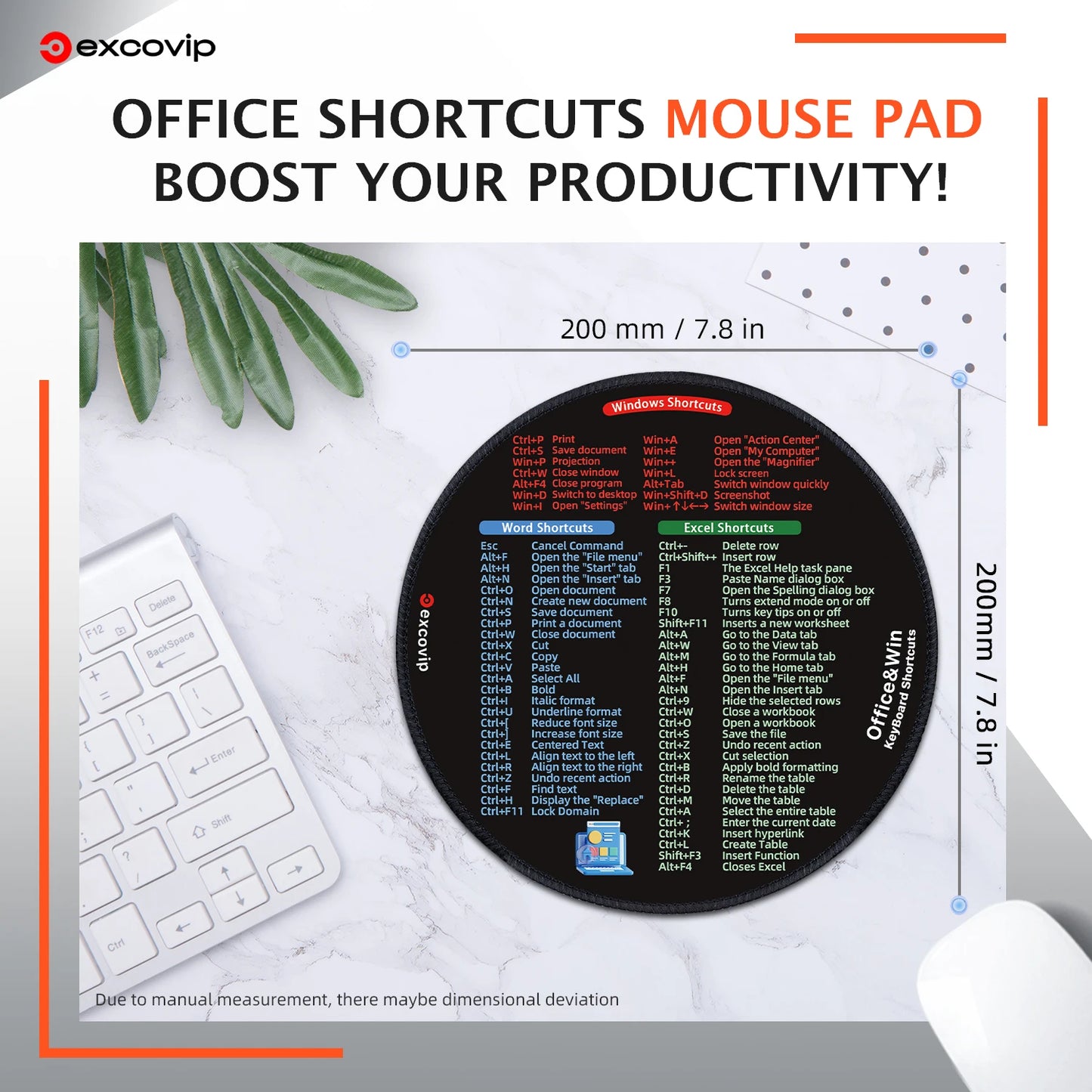 EXCO Shortcuts Mouse Pad for Excel Windows Round Office Mousepad Small with Stitched Edge Non-Slip Rubber Base for Laptop Home