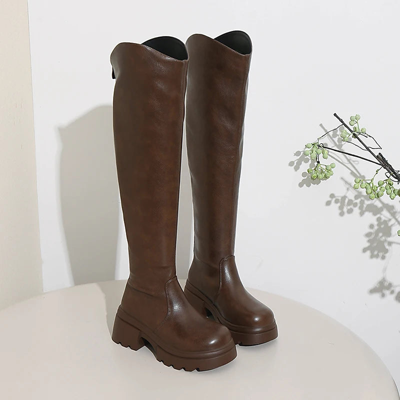 Fashion Chunky High Heel Knee High Boots Women Punk Style Platform Pu Leather Long Boots Woman Plus Size 42 Over The Knee Botas