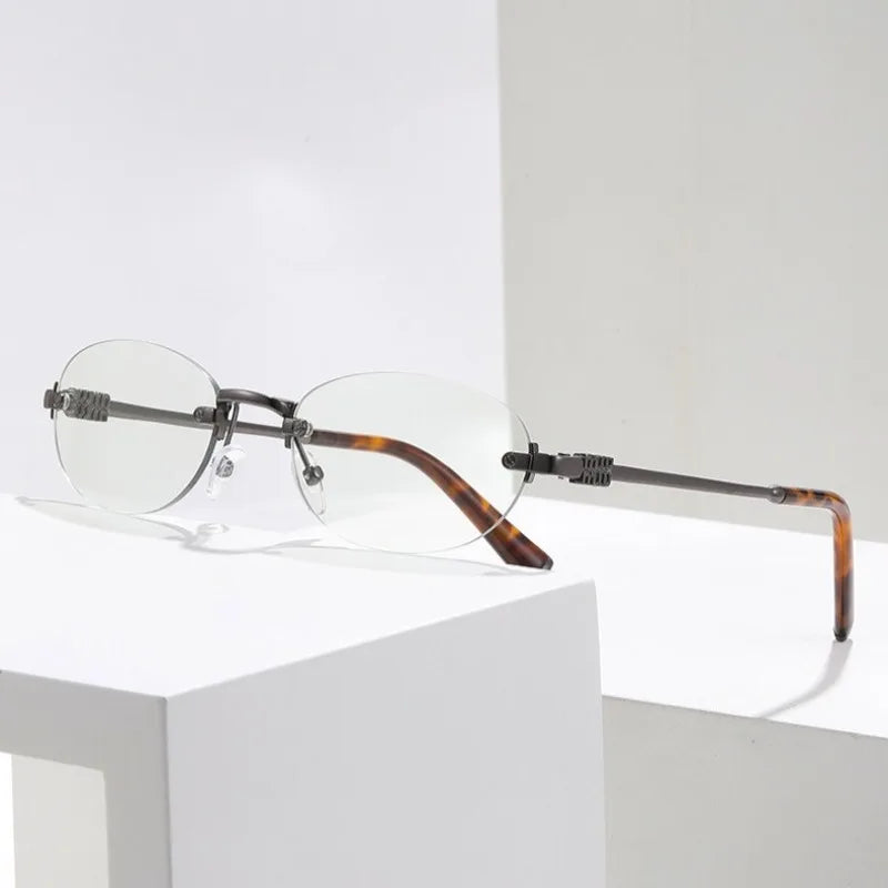 Rimless Oval Photochromic Sunglasses Men Women Lightweight Metal Frame Transition Lens UV400 Protection Sun Glasses