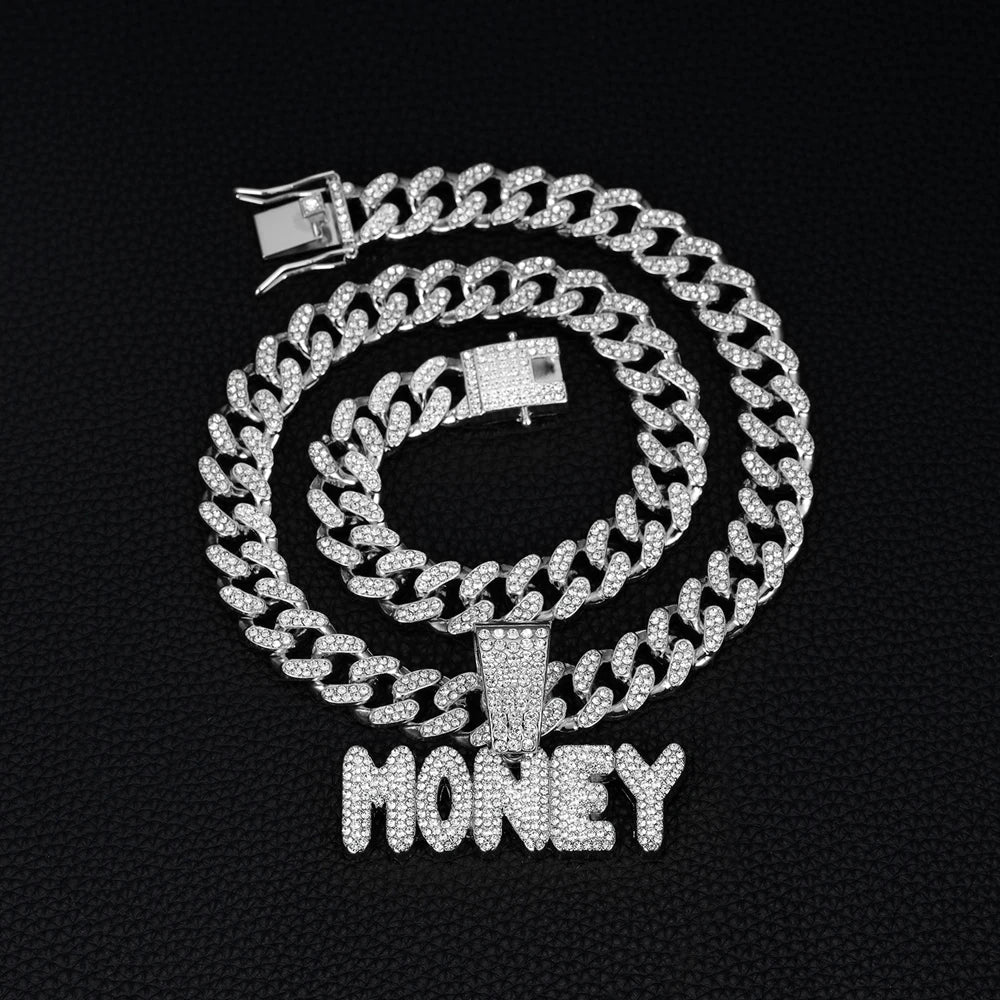 Men Women Hip Hop Bling MONEY Letters Pendant Necklace with Miami Cuban Chain Iced Out Bling HipHop Necklaces Male Charm Jewelry