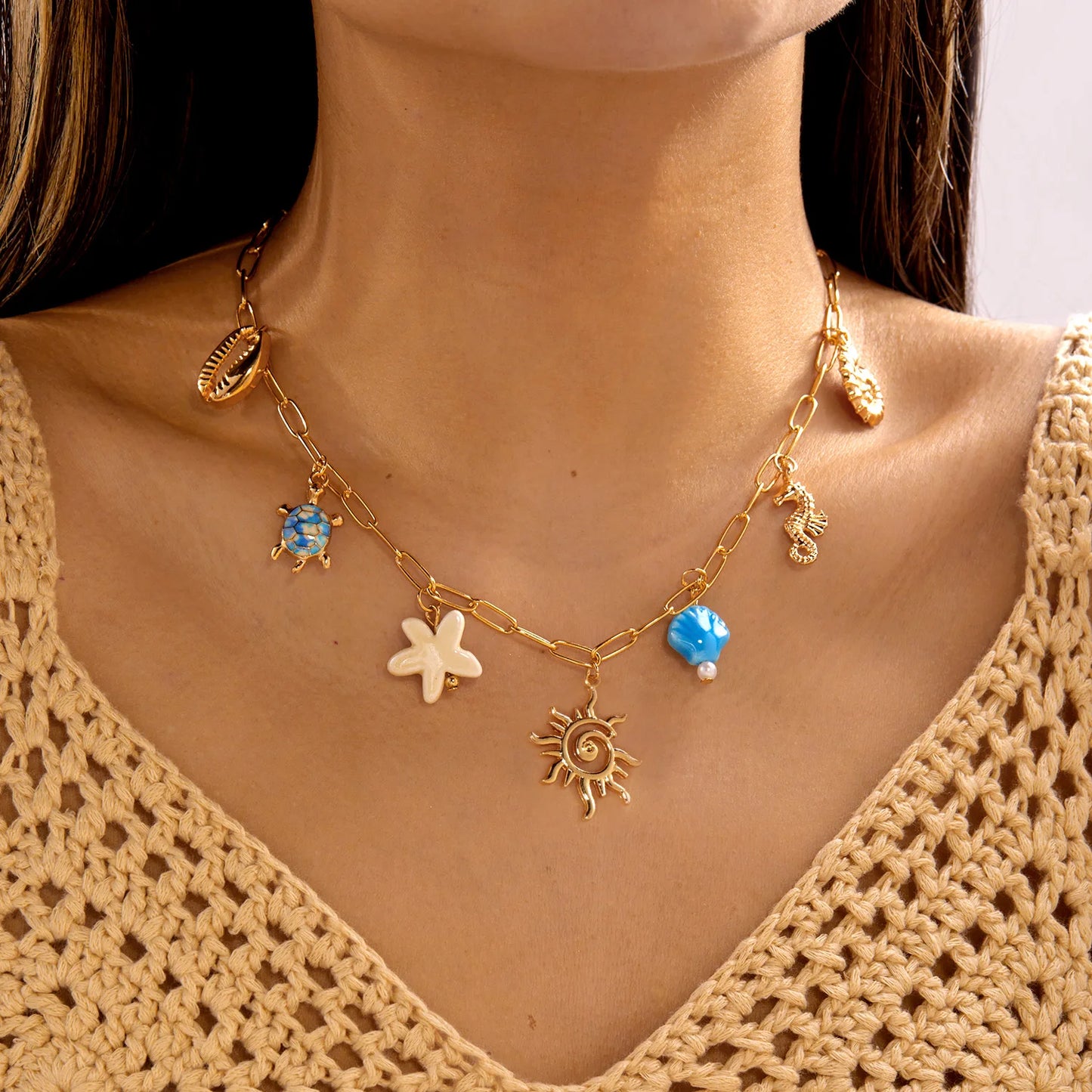 Bohemian Ocean Charm Necklace For Women Gold Tone Sun Starfish Turtle Shell Conch Summer Beach Jewelry