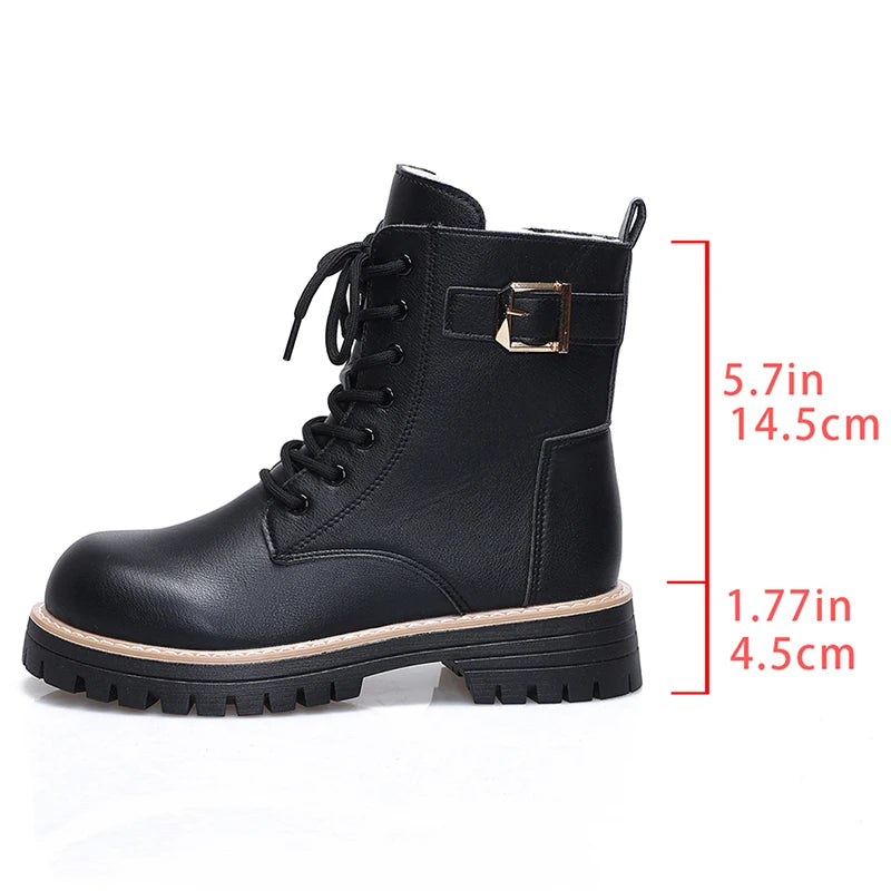 Fashion Black Platform Motorcycle Boots Women Lace Up Warm Short Plush Ankle Boots Woman Buckle Thick Sole Pu Leather Botas 42