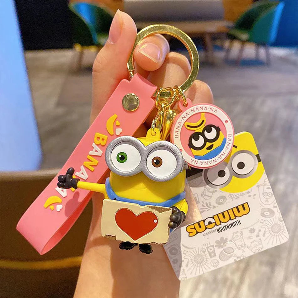 Kawai Minions Keychain Cartoon Toys Model Silicone Pendant Keyring Cosplay Hold