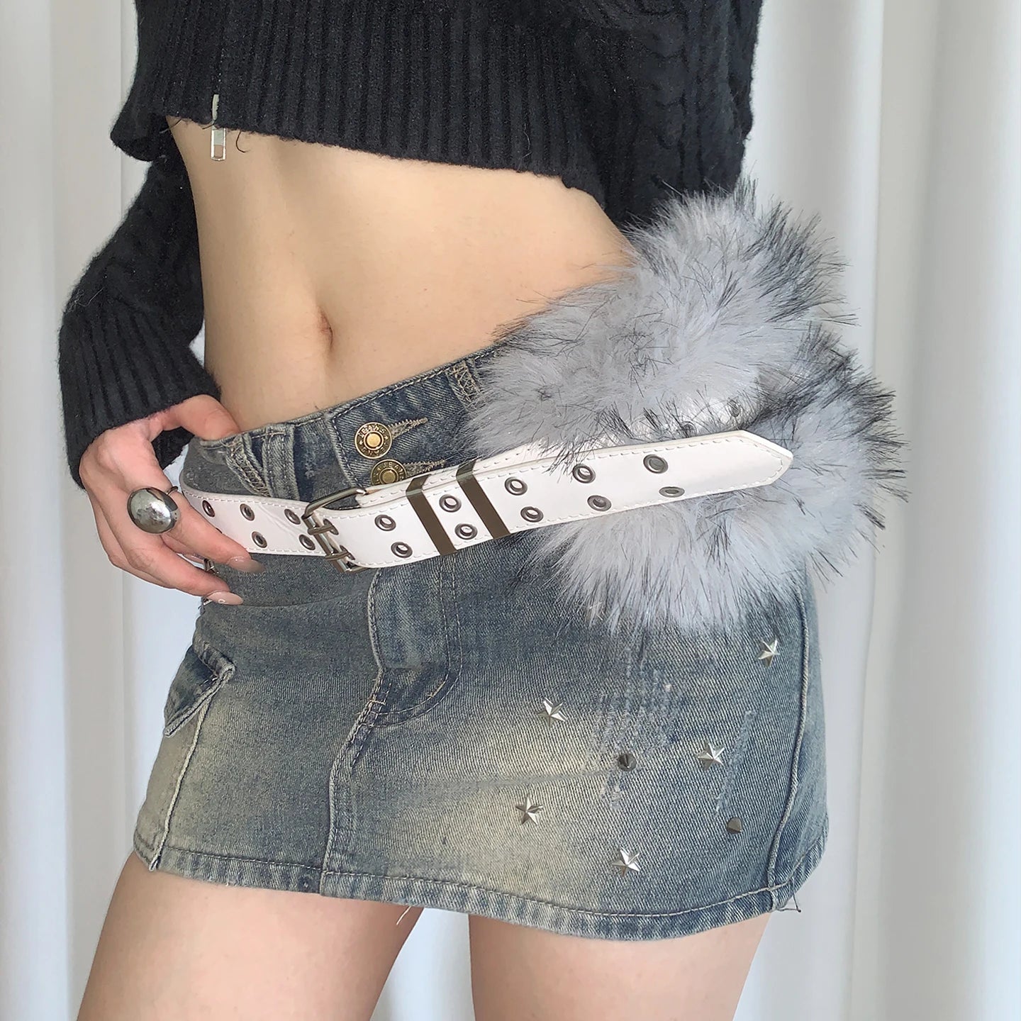 Retro Punk Style Y2k Fivet-Free Furry Patchwork Belt For Women Niche Subculture Spicy Girl Style Belt