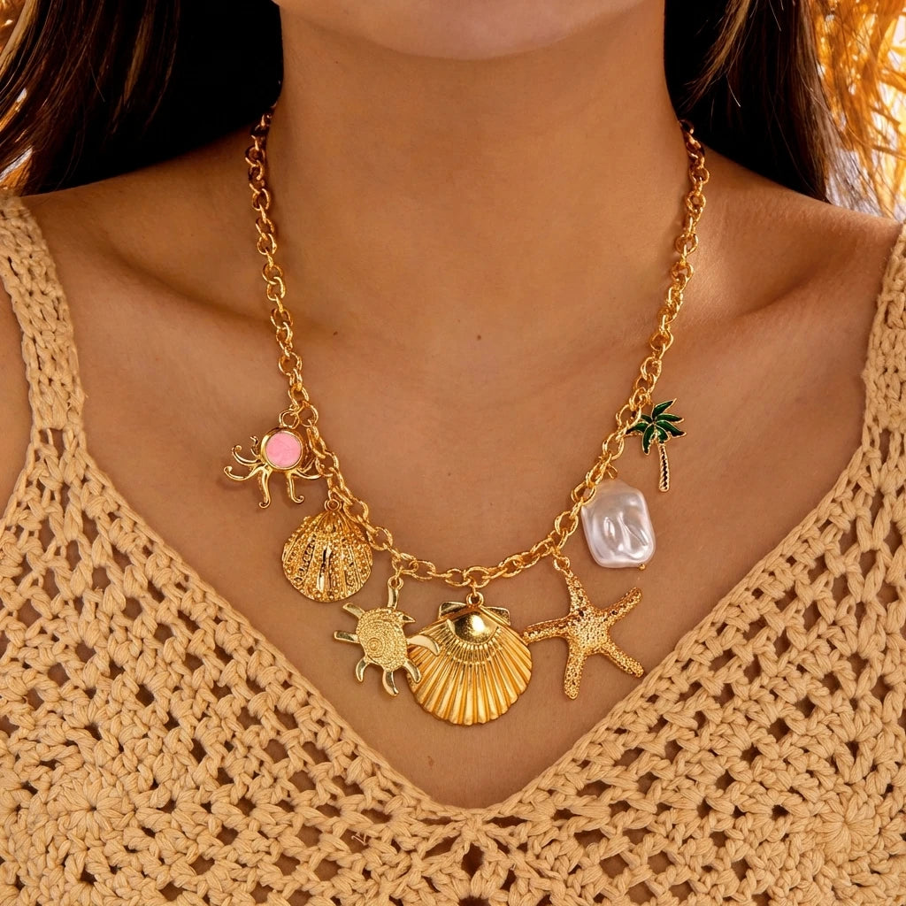 Bohemian Ocean Charm Necklace For Women Gold Tone Shell Starfish Palm Tree Pearl Summer Beach Jewelry