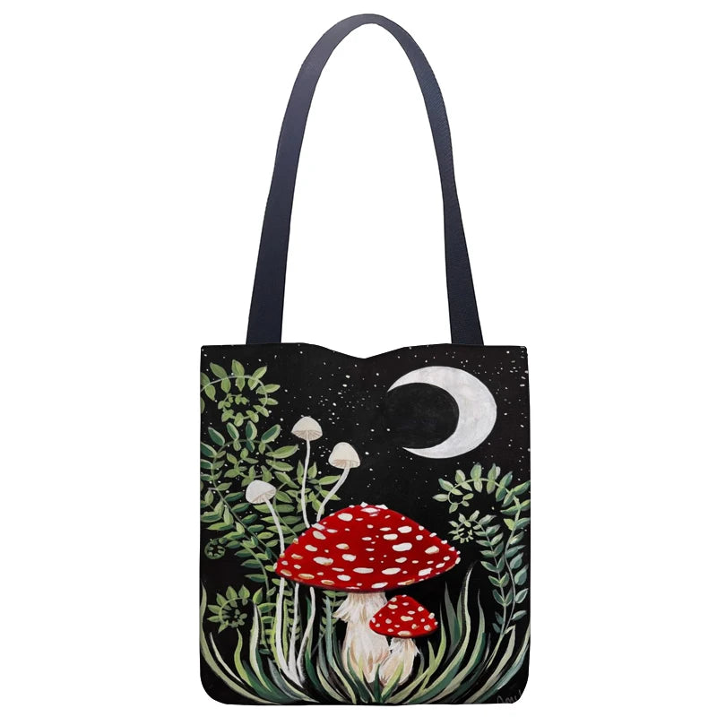 Art Forest Red Mushroom Pattern Tote Bag, Line Bag Bright Moon Women's Handbag