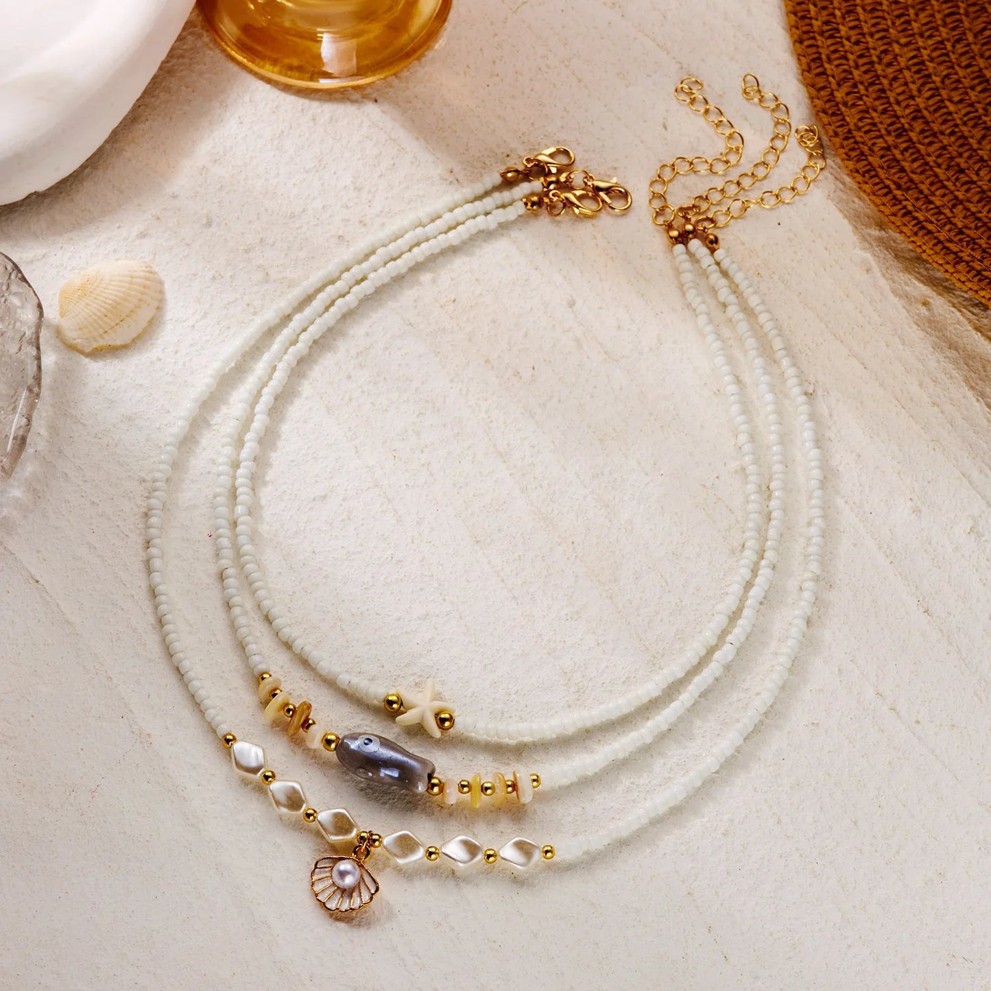 Tropical Fresh 3Pcs Layered Necklace Set For Women Starfish Fish Shell Rice Beaded Summer Beach Jewelry