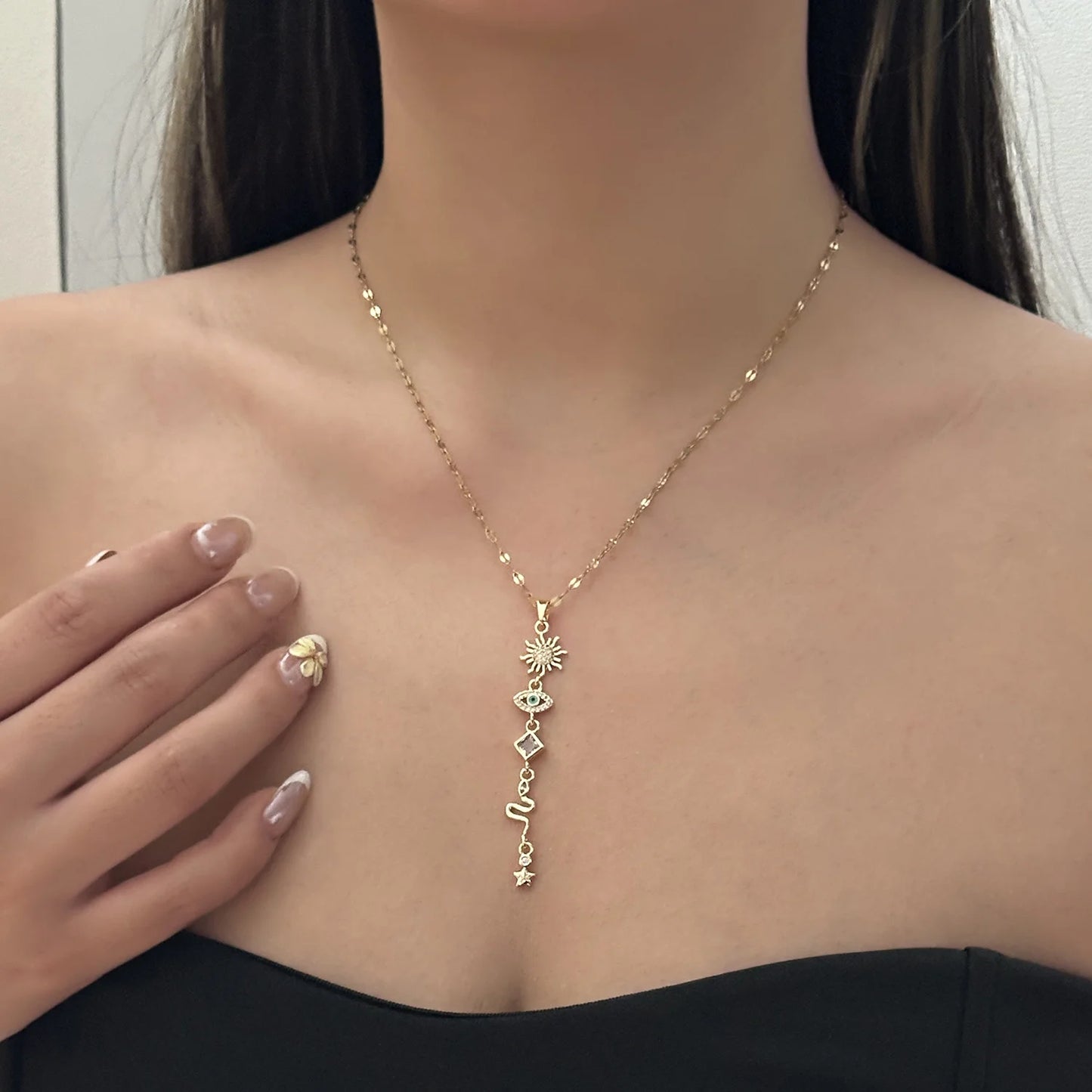 Celestial Mystical Gold Tone Necklace for Women Copper Stainless Steel Chain Sun Evil Eye Snake Tassel Boho Daily Jewelry Gift