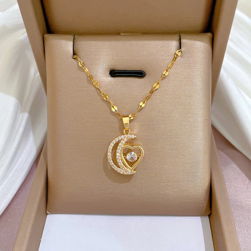 Stainless Steel Zircon Planet Star Pendant Necklace For Women Girl Elegant Aesthetic Clavicle Chain Necklace Jewelry Party Gift