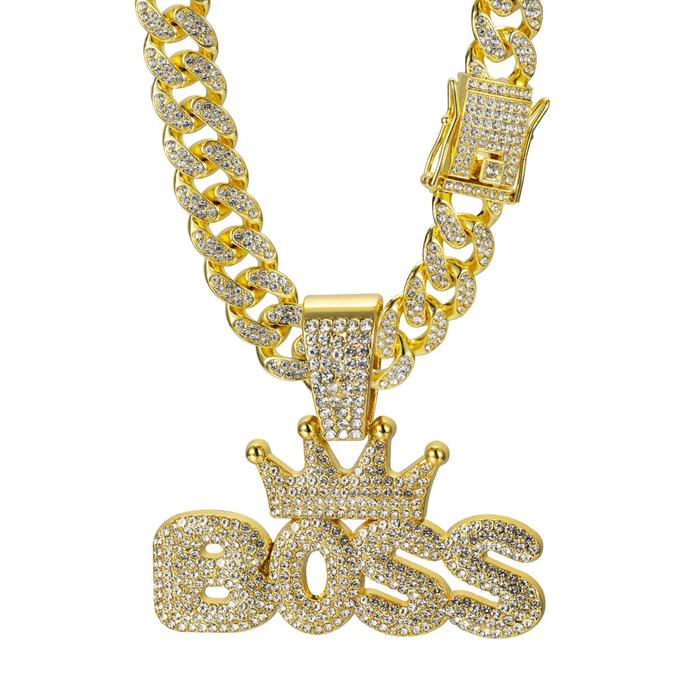 Men's Cool Hip-hop Rhinestone Letter BOSS Pendant Necklace, For Men Fashion Iced Out Bling Zircon Cuban Thick Chain Punk Jewelry