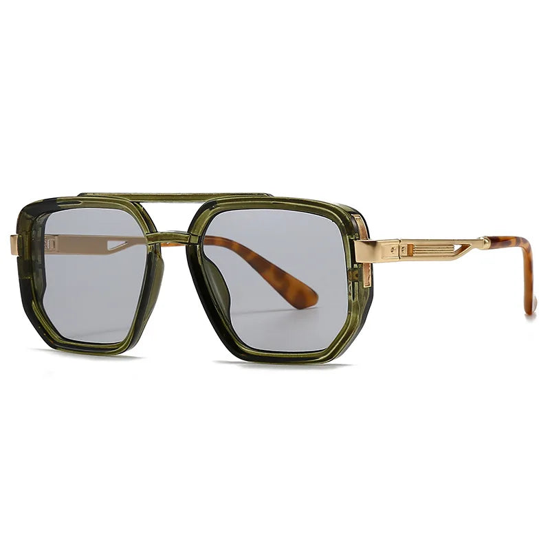 JNPCXI Fashion Double Bridges Square Sunglasses Women Retro Ins Popular Rivets Green Black Men Punk Sun Glasses Shades UV400