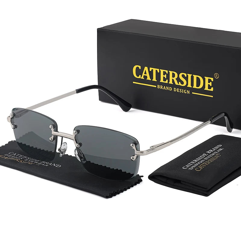 CATERSIDE Metal Rimless Frame Gradient Men's Sunglasses Punk Luxury Women Eyewear Small Rectangle Sun Glasses for UV400 Driving