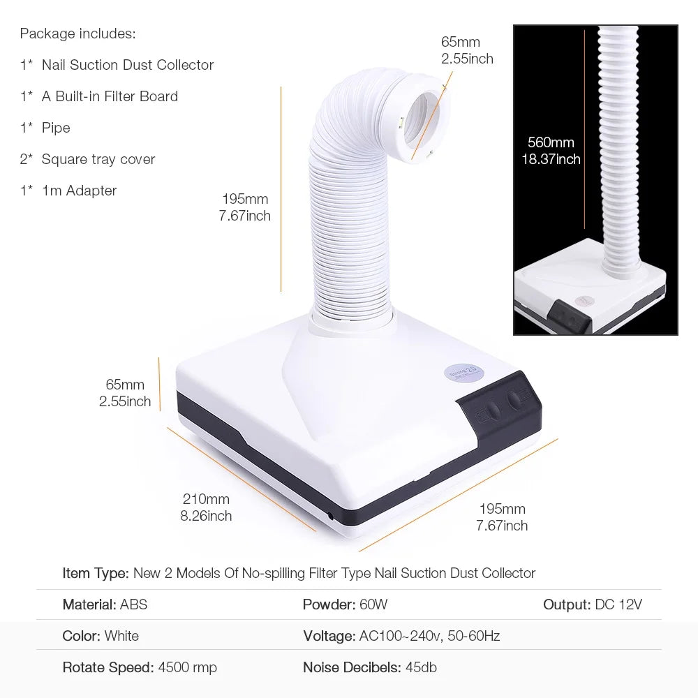 Foreverlily 60W Double Use Nail Dust Collector Retractable Elbow Design Nail Dust Extractor Fan Nail Vacuum Cleaner With Tube